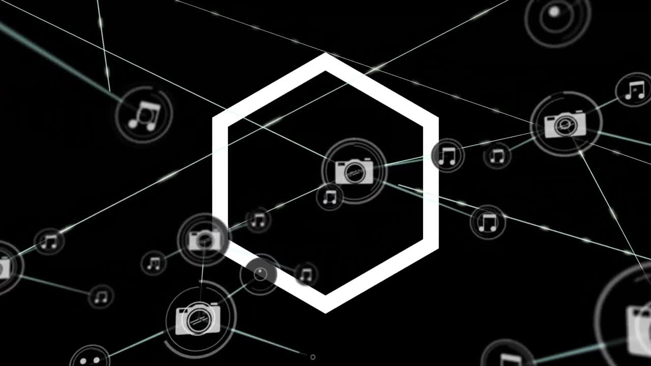 여섯각형 위의 아이콘으로 연결된 네트워크의 애니메이션