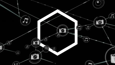 animation of network of connections with icons over hexagons spinning