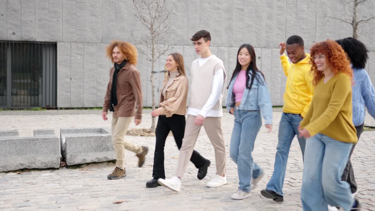 Multi-ethnic students chatting and walking along the campus