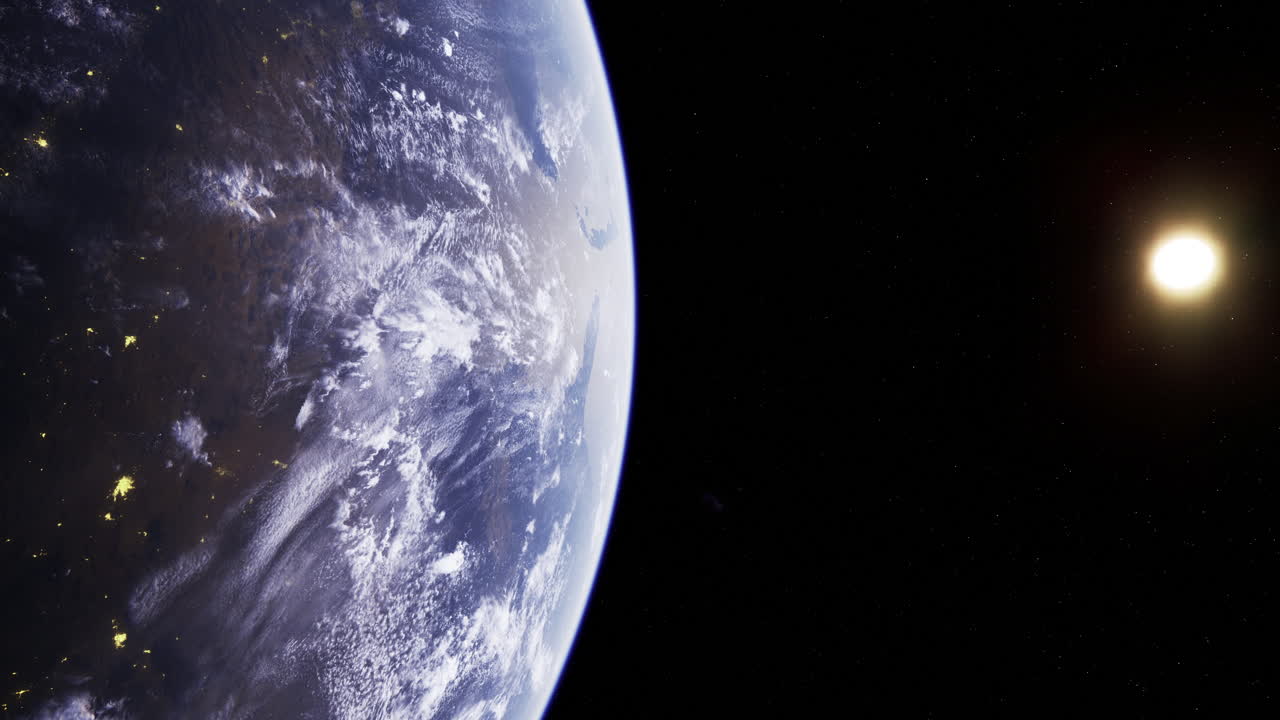 Earth viewed from space with sun shining on the horizon at twilight