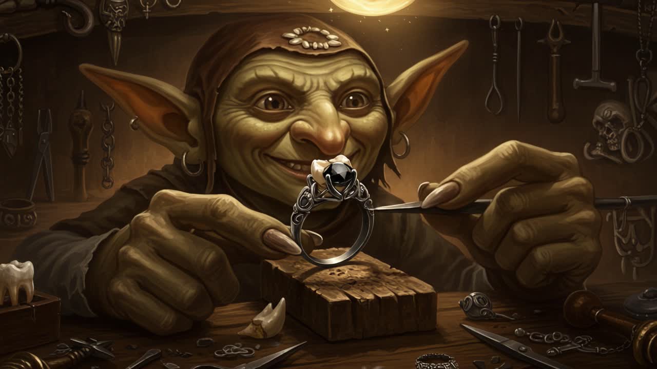 An Enchanted Goblin Jeweler Perfecting a Magical Ring in a Mystical Workshop Filled with Intricate Tools and Items, Capturing the Essence of Fantasy Craftsmanship