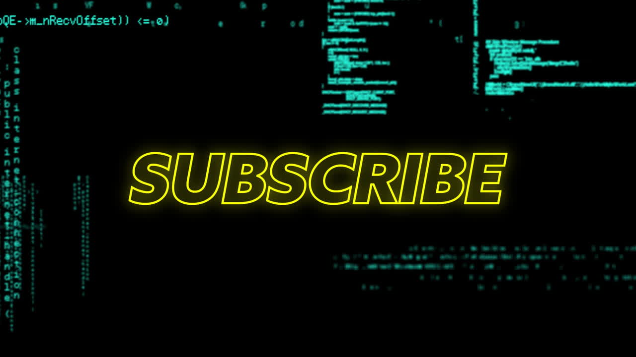 Animating SUBSCRIBE text over computer code on black background