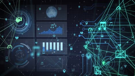 Globo-De-Iconos-Digitales-Girando-Contra-La-Interfaz-Digital-Con-Procesamiento-De-Datos-Sobre-Fondo-Negro.