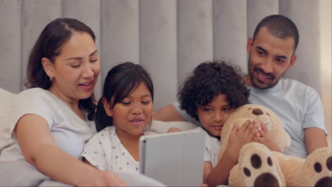 Tablet,-happy-family-and-streaming-on-bed