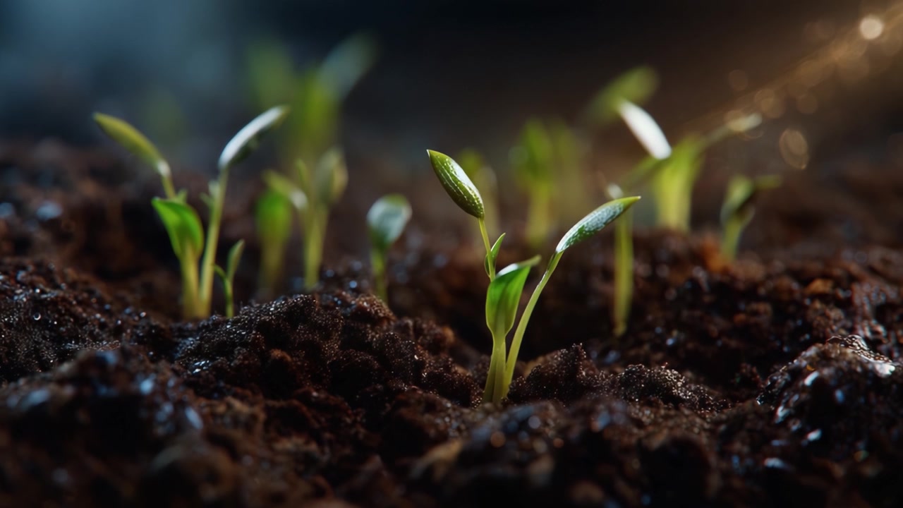 Piantine che emergono in terreno fertile: una vibrante dimostrazione della crescita e della resilienza della natura, che cattura la bellezza delle giovani piante circondate da terra scura