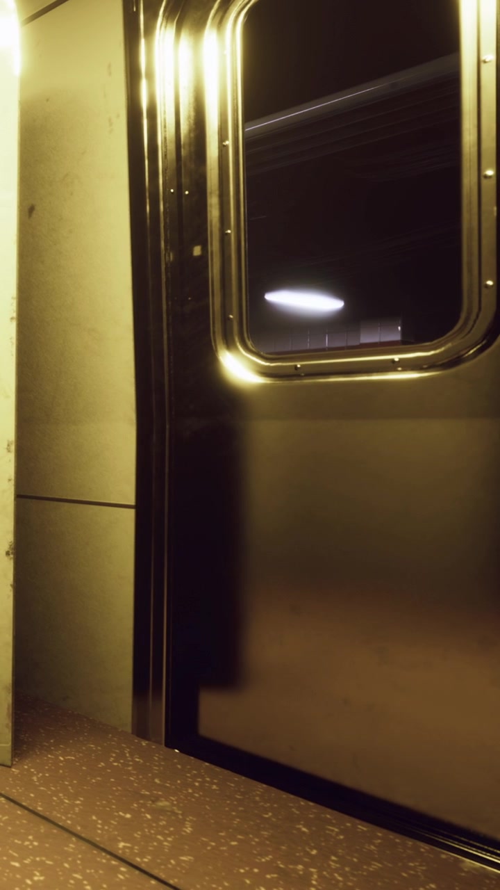 Vista dell'interno di un treno della metropolitana con il finestrino che mostra la luce di notte.