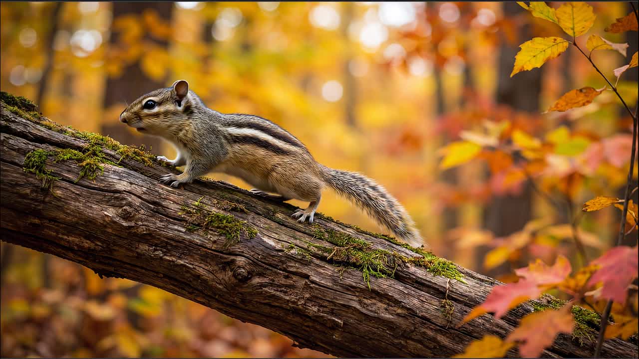 Scoiattolo striato che cerca cibo su un ramo d'albero muschioso nella foresta