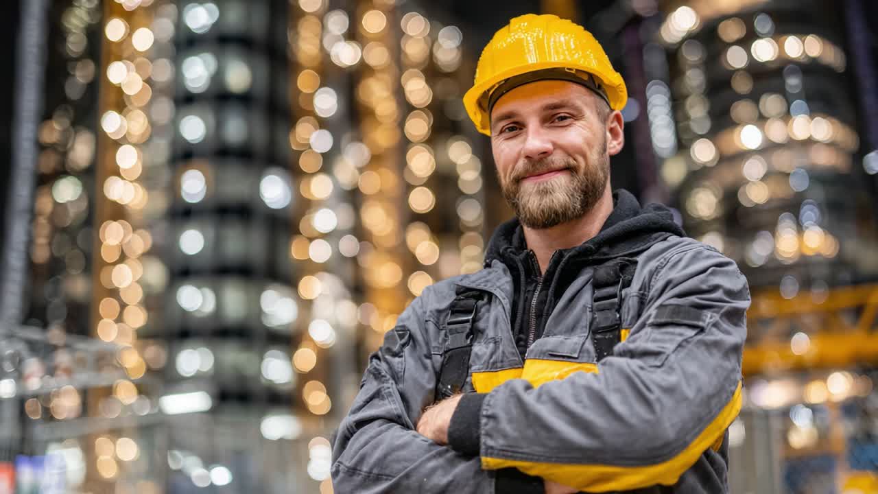 Confident Construction Worker Smiling Against a Vibrant Urban Backdrop with Shimmering Lights, Emphasizing the Strength and Determination of Modern Labor