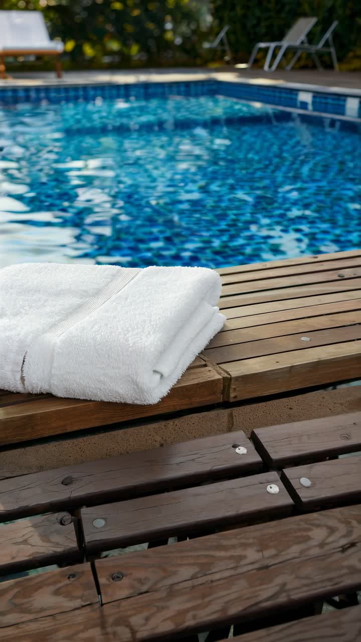 Video concept of relaxation by a pool, featuring a low-angle shot of folded towels on a wooden deck