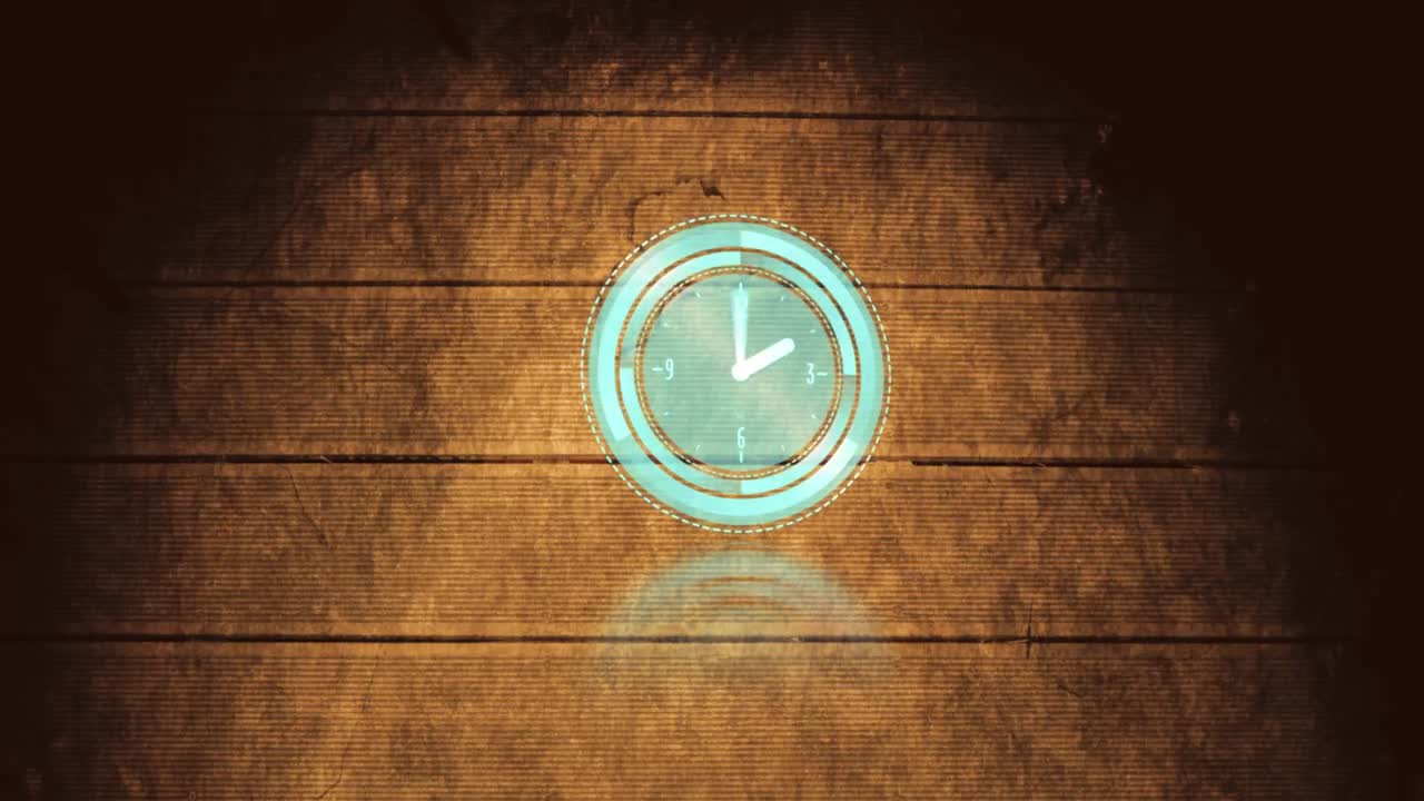 Animation of blue clock over wooden wall