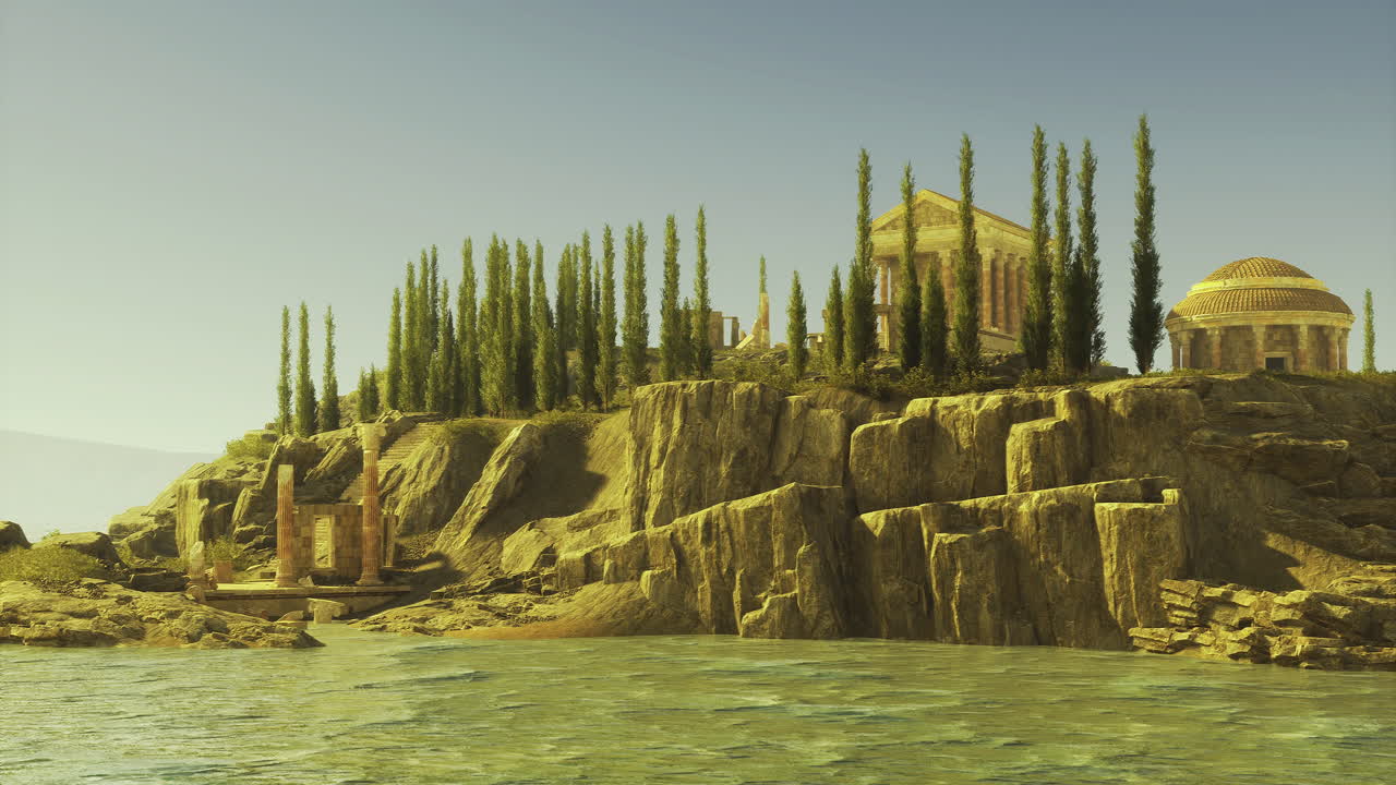 Historic landscape with ancient architecture and calm water in warm light