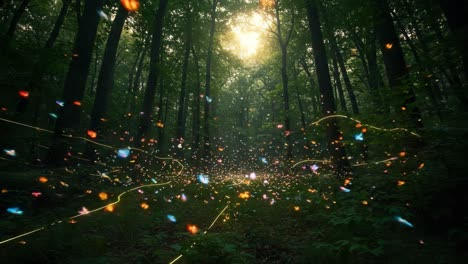 a serene forest scene illuminated by glimmering butterflies and sparkling light trails, capturing the tranquility of nature's splendor