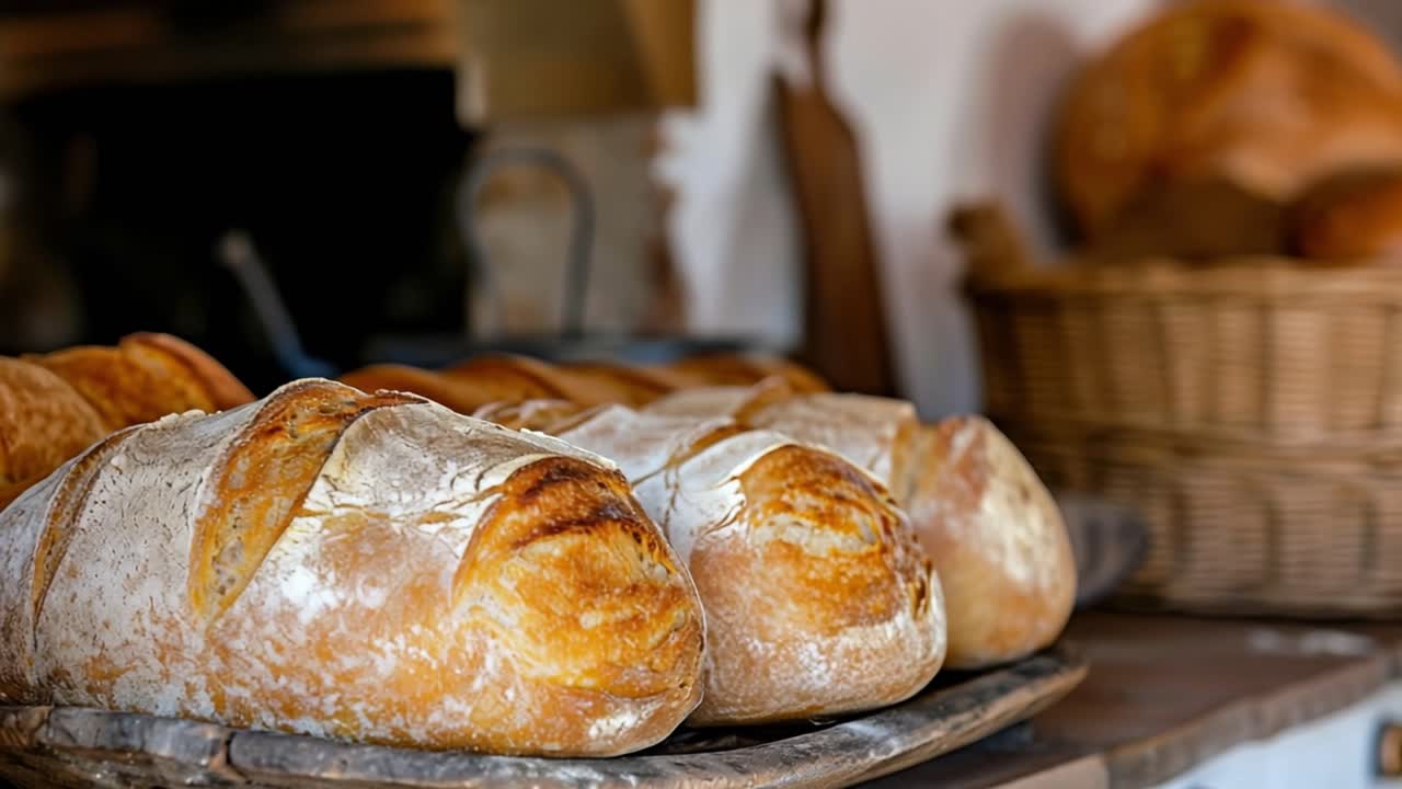 Sourdough loaves cooling on a wooden tray, surrounded by wicker baskets and bakery tools, creating a warm and inviting atmosphere in a traditional kitchen