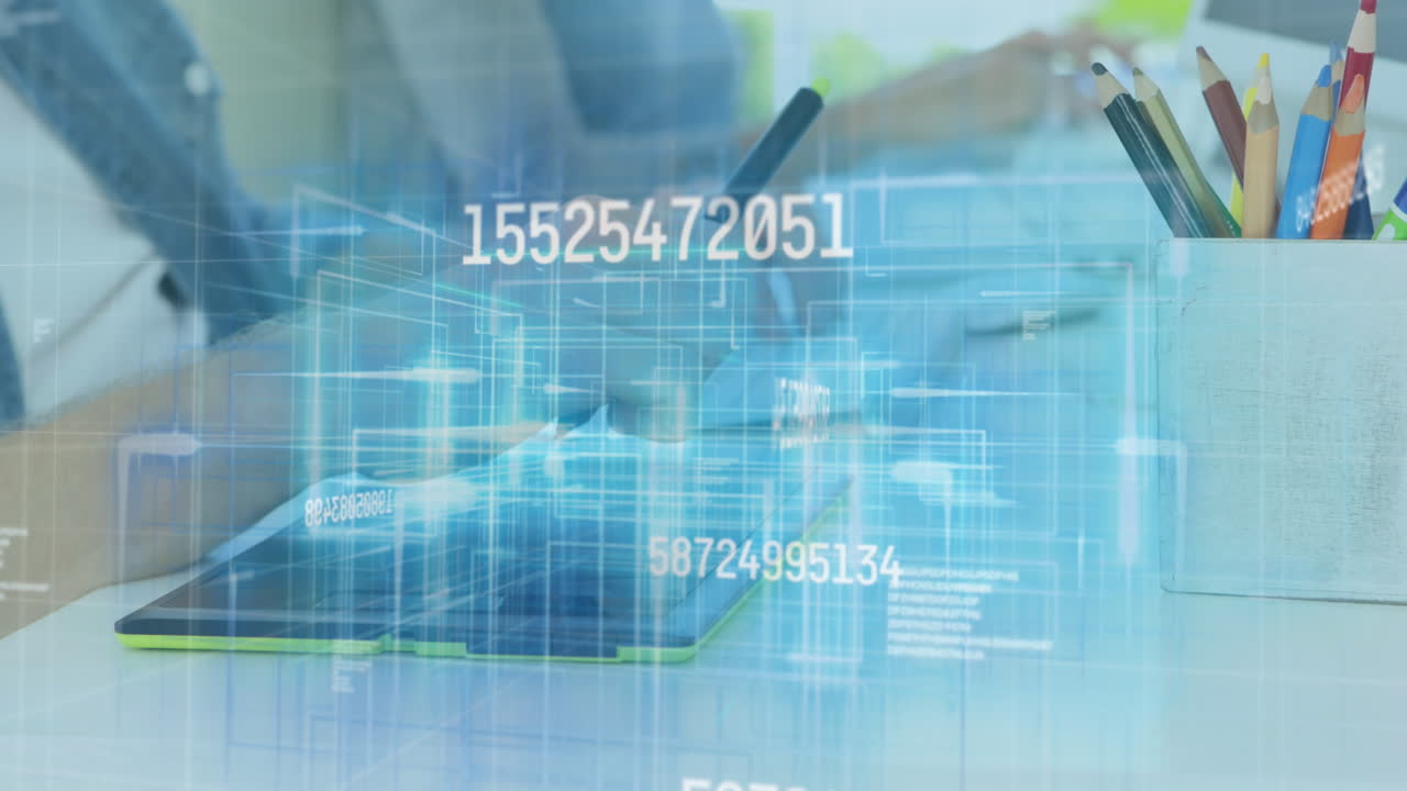 Animation of numbers changing over hands of caucasian designer working