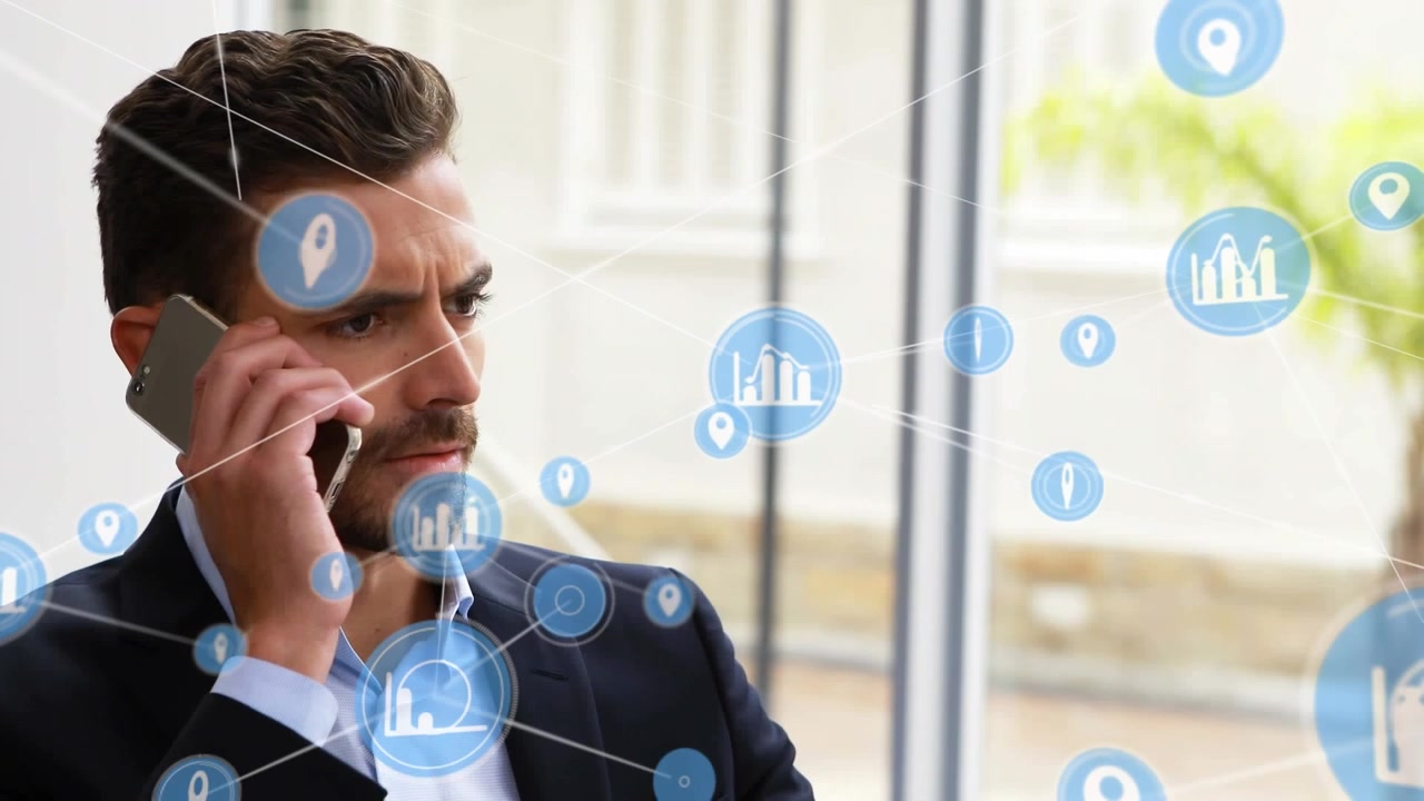 Animation of network of connections over caucasian businessman talking on smartphone