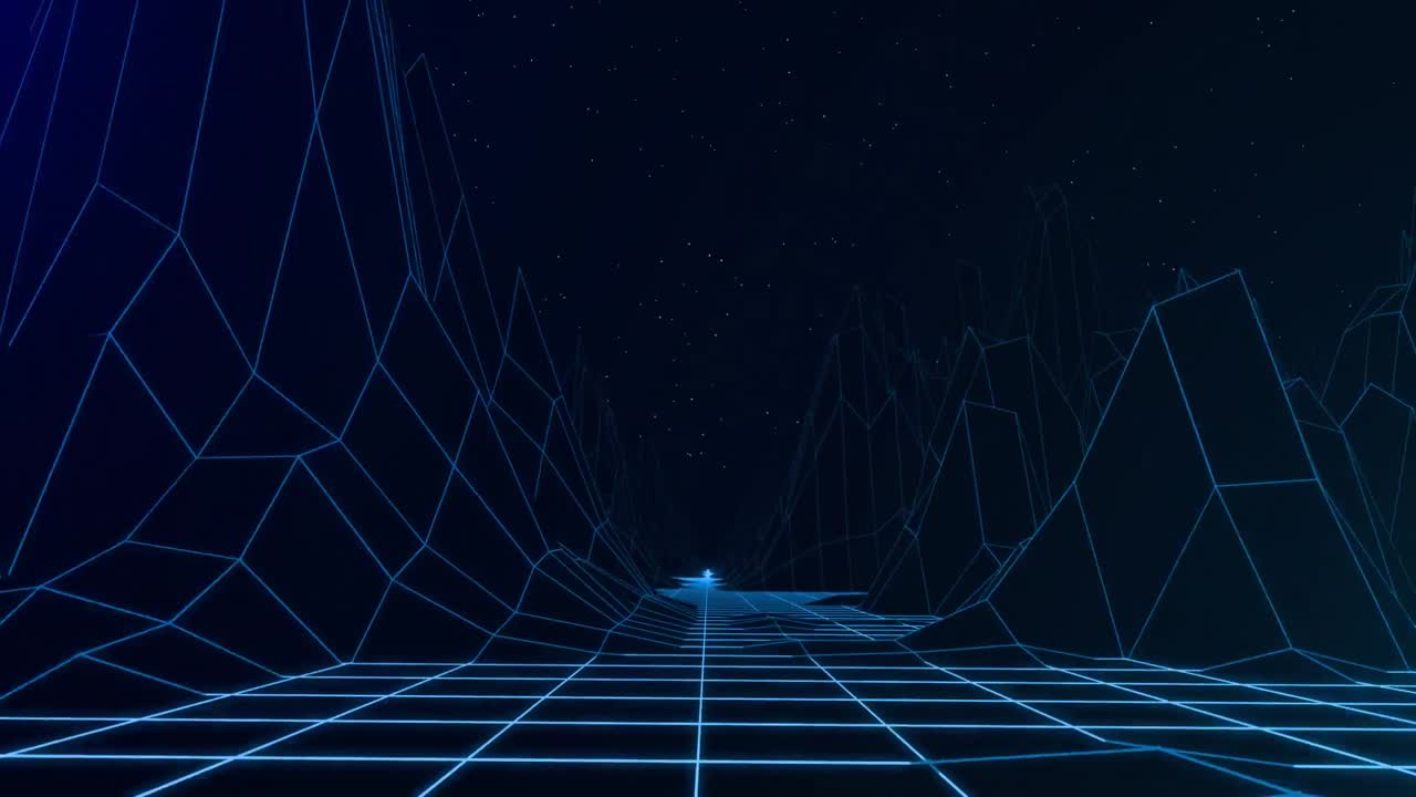 Seamless loop of glowing outlines of mountains on blue background