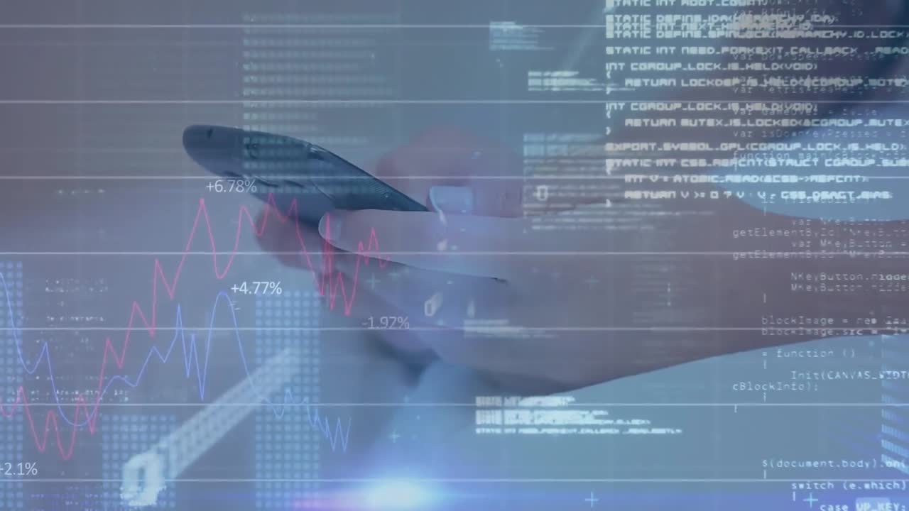 Animation of financial data processing over caucasian woman using smartphone