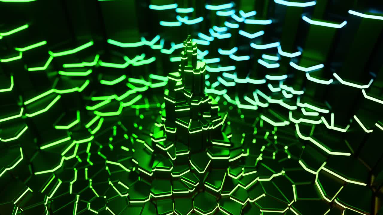неоновая зеленая футуристическая башня из шестиугольников.