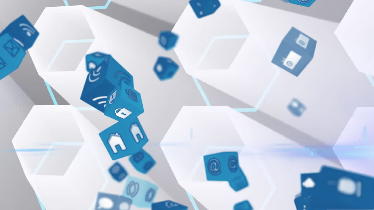 디지털 아이콘의 큐브가  ⁇  바탕에 있는 육각형 모양에 맞춰 떨어지는 디지털 애니메이션