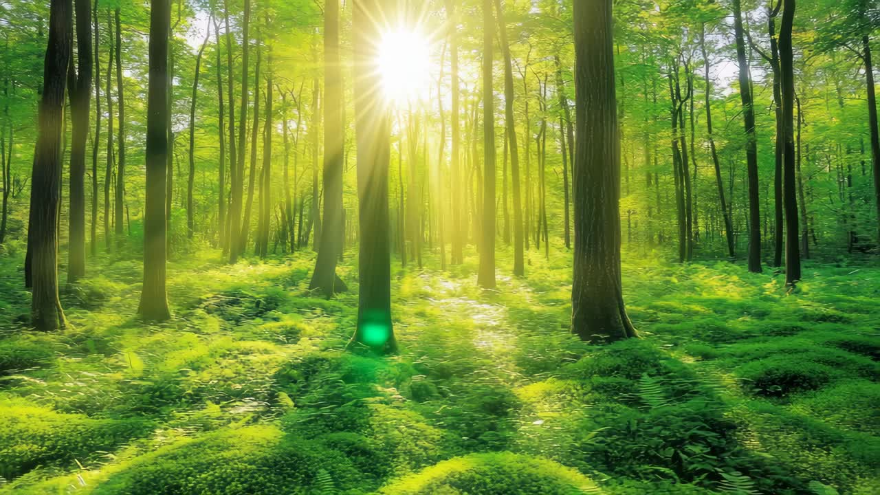 Sunlight filters through lush green forest, captured from a low angle, creating a serene, vibrant