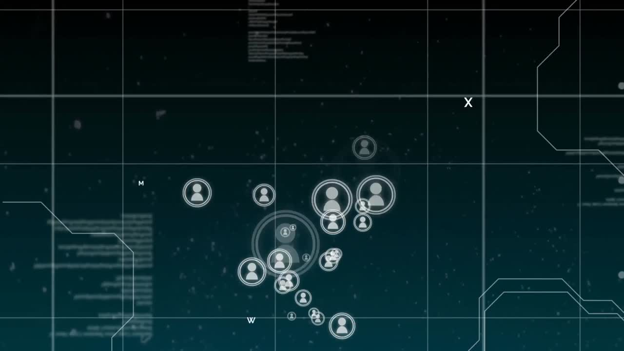 Animation of network of connections with people icons and data processing