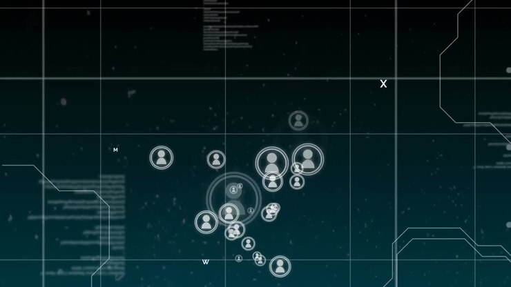 Animation of network of connections with people icons and data processing