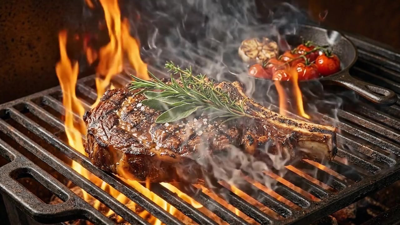Bistecca Tomahawk alla griglia su fiamme vive con erbe aromatiche e pomodori