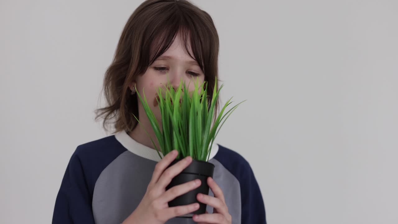 A child holding an artificial plant