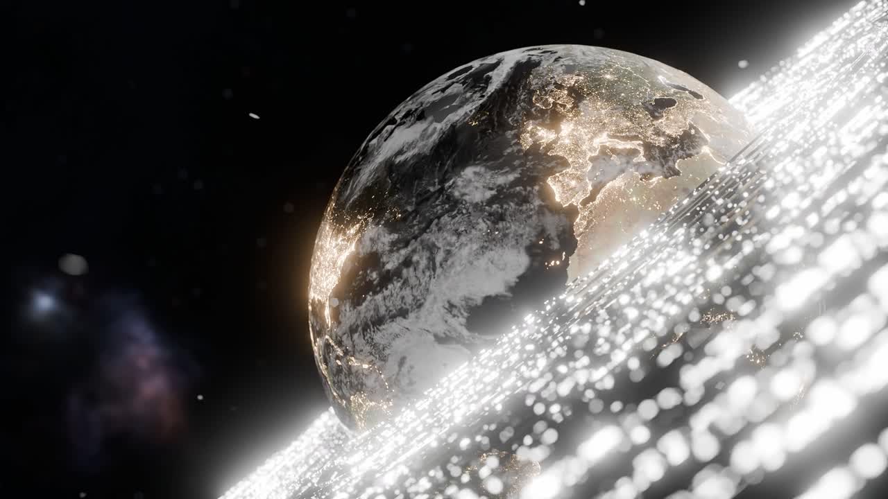 Glowing Earth showing illuminated Europe, Africa, Asia with digital white particles in outer space. 3D rendering with night lights and white wave. Futuristic technology and global connection
