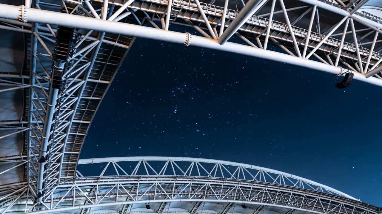Tilting camera revealing steel arch and truss at stadium roof at night, highlighting pipe, stars