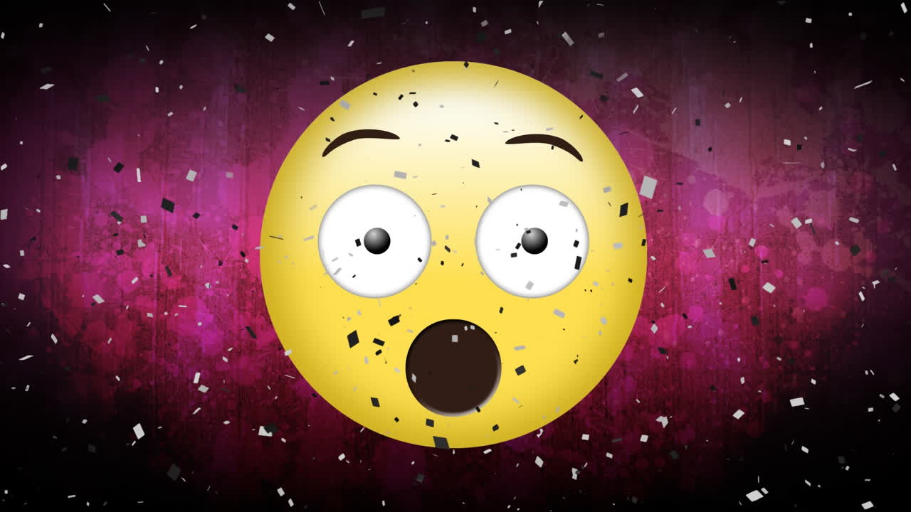 animación de confeti cayendo sobre un emoji sorprendido en un fondo de viñeta roja