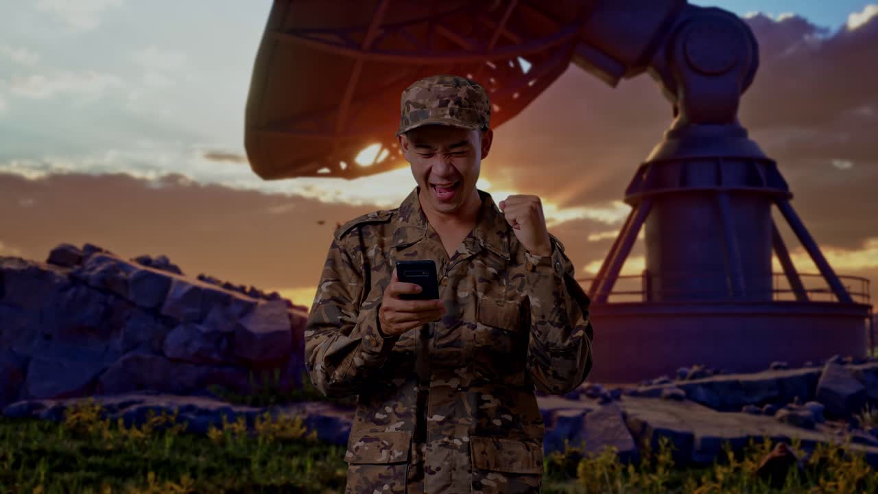 Asian Man Soldier Looking At Smartphone Then Screaming Goal Celebrating While Standing With Satellite Dish