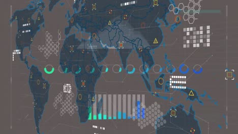 animación del procesamiento de datos financieros sobre el mapa del mundo
