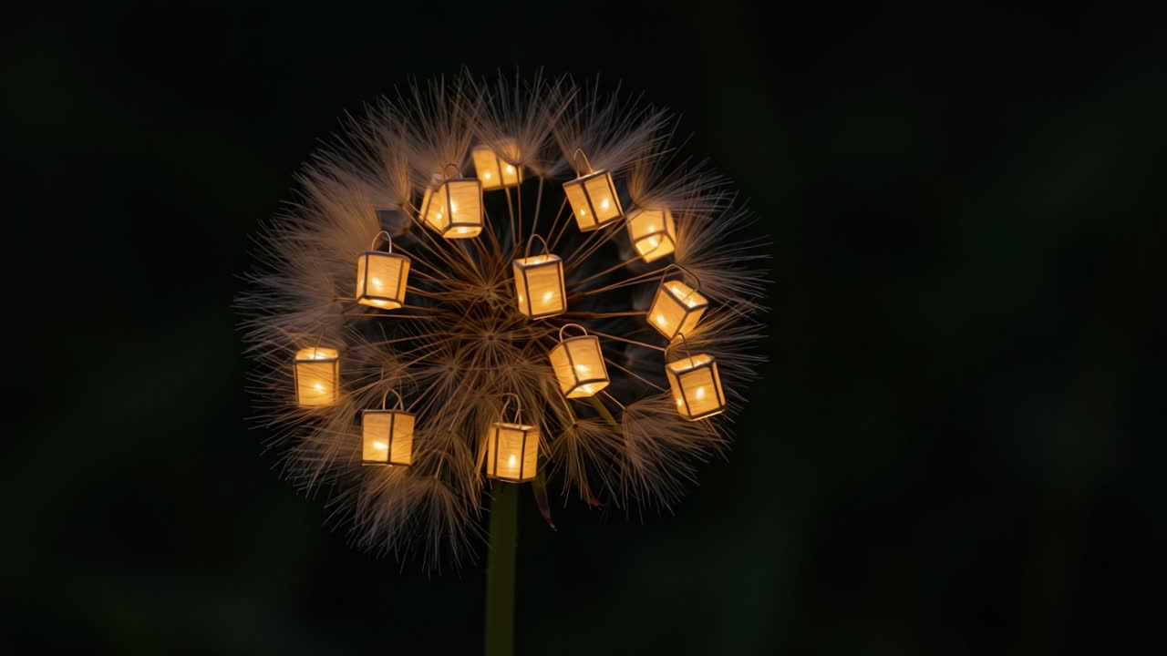 A Captivating Display of Glowing Lanterns Nestled Among the Delicate Seeds of a Dandelion, Creating a Magical Scene in a Darkened Environment