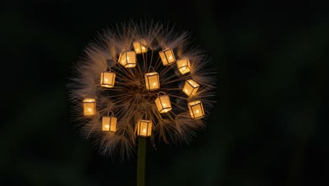 a captivating display of glowing lanterns nestled among the delicate seeds of a dandelion, creating a magical scene in a darkened environment