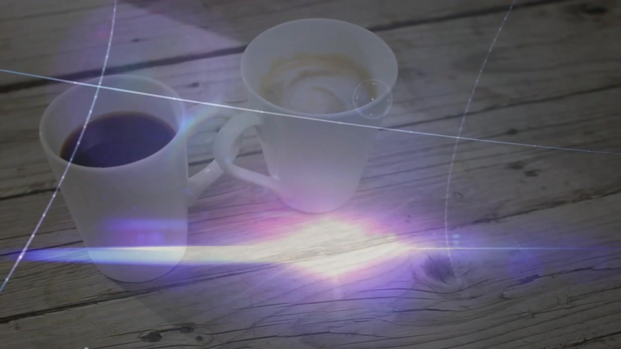 Digital Network Animation Over Coffee and Latte Mugs on Wooden Table