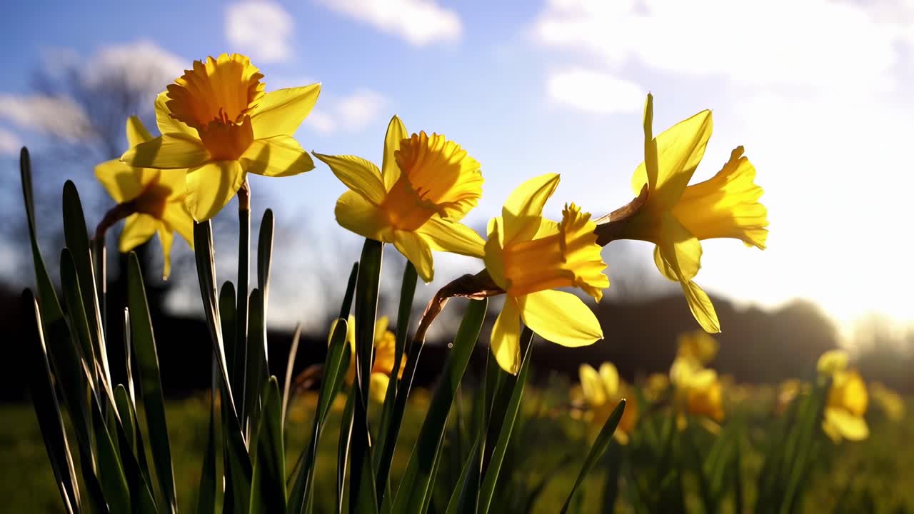 Video con inquadratura dal basso di vivaci narcisi gialli contro un cielo blu brillante e luce solare.