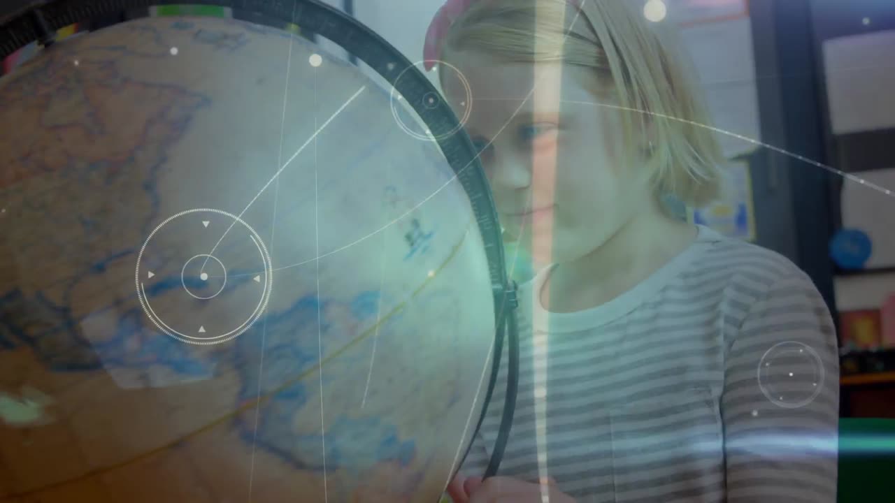 animación de la red de conexiones sobre colegiala caucásica con el globo