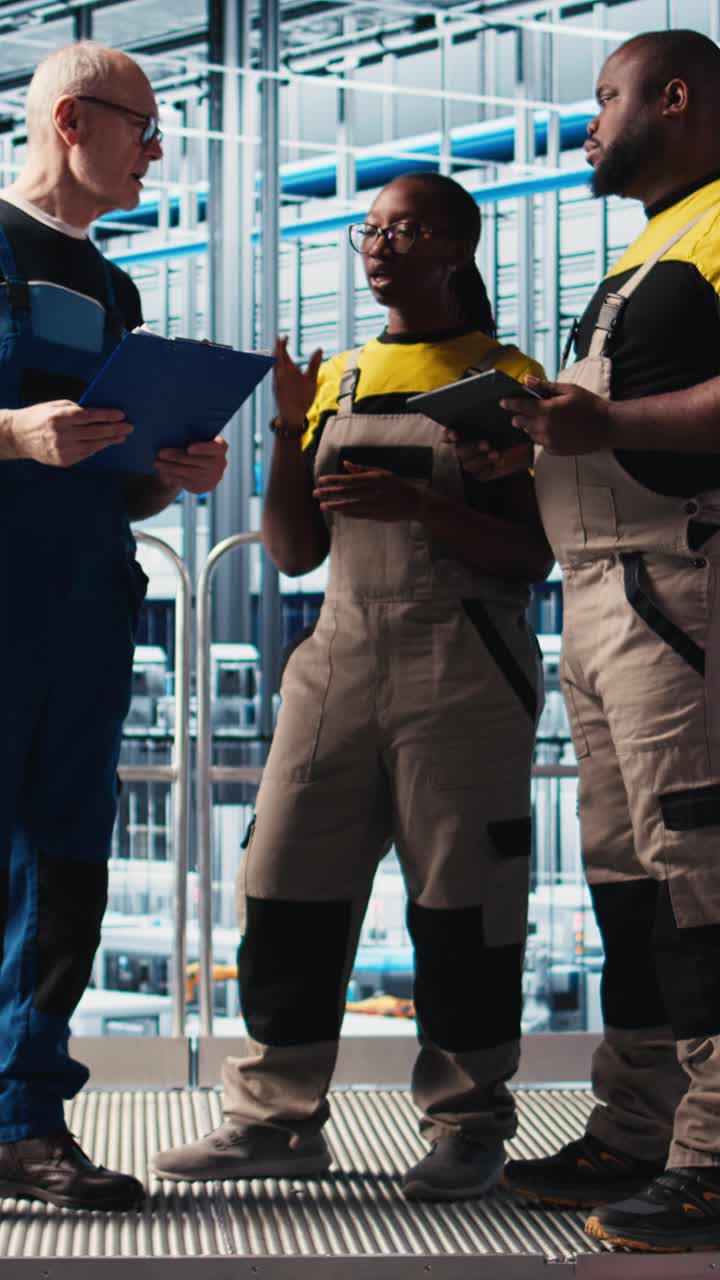 Vertical video Photovoltaics smart factory team leader and workers analyzing data