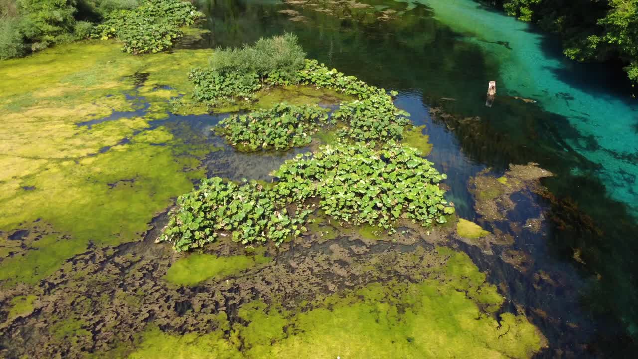toma de dron del ojo azul en albania - dron está volando sobre el río, mostrando su hermoso color y el agua clara