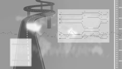 Animación-De-Gráficos,-Mapa-Mundial-Sobre-Carreteras-Sobre-Fondo-Gris