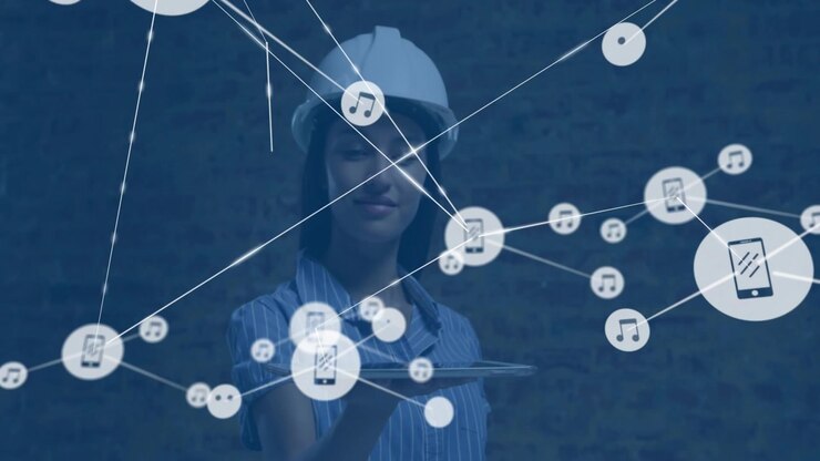 Woman tech holding tablet icon popping above forming nodes linking net phones mapping links on face