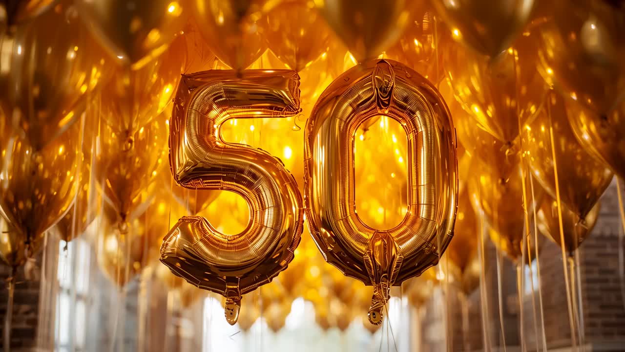 Moving camera shifting forward and upward, revealing gold '50' foil balloons, strings, tall windows