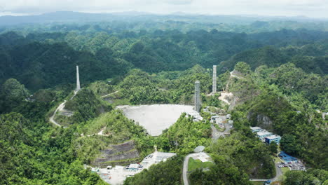 Arecibo-Observatory-conducts-radio-astronomy-in-Puerto-Rico,-track-backward-aerial