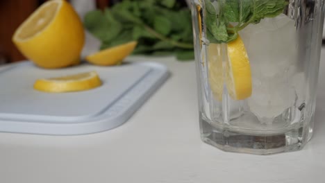 refreshing glass of lemonade with mint leaves and lemon slices on ice