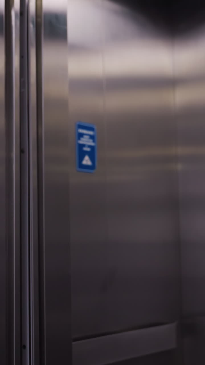Businesswoman walking out of elevator in modern office, smiling confidently. Dressed in formal business suit, carrying a red handbag. Clean, sleek elevator interior and professional environment