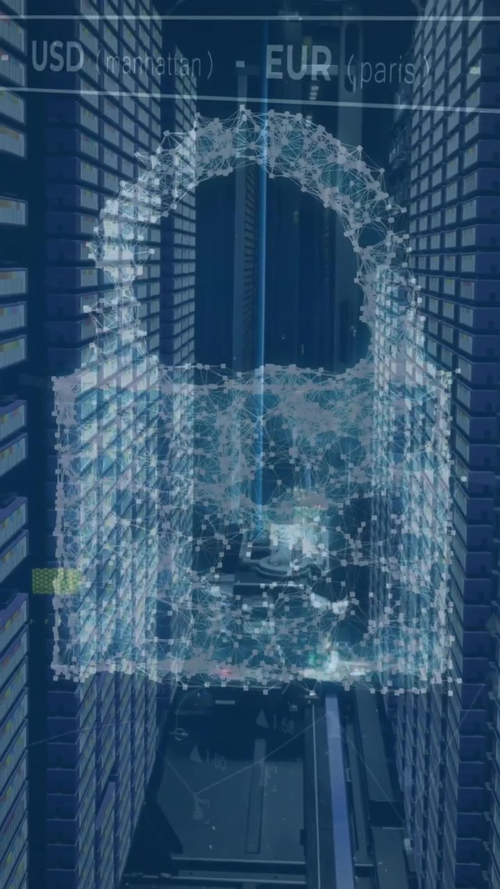 Animation of padlock and data processing over computer servers