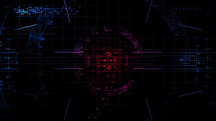 Glowing red and blue targeting UI displaying threat status during a simulated cyber attack or military breach.