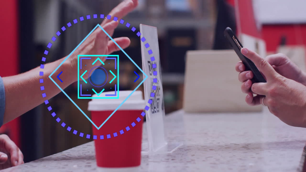 Person using smartphone at cafe counter with digital interface animation overlay