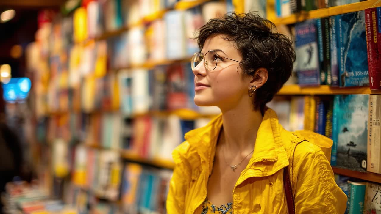 A Thoughtful Reader in a Cozy Bookstore: Captivating Moment of Reflection Amidst a Vibrant Book Collection, Showcasing the Beauty of Knowledge and Curiosity